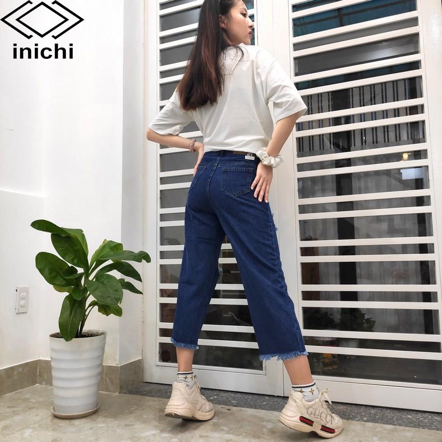Quần baggy jean nữ Q682 xanh đậm cạp cao rách gối INICHI