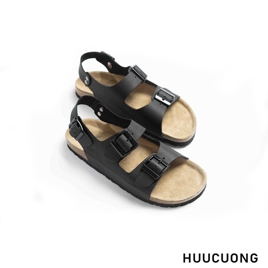 Sandal Unisex HuuCuong 2 khóa da bò đen đế trấu