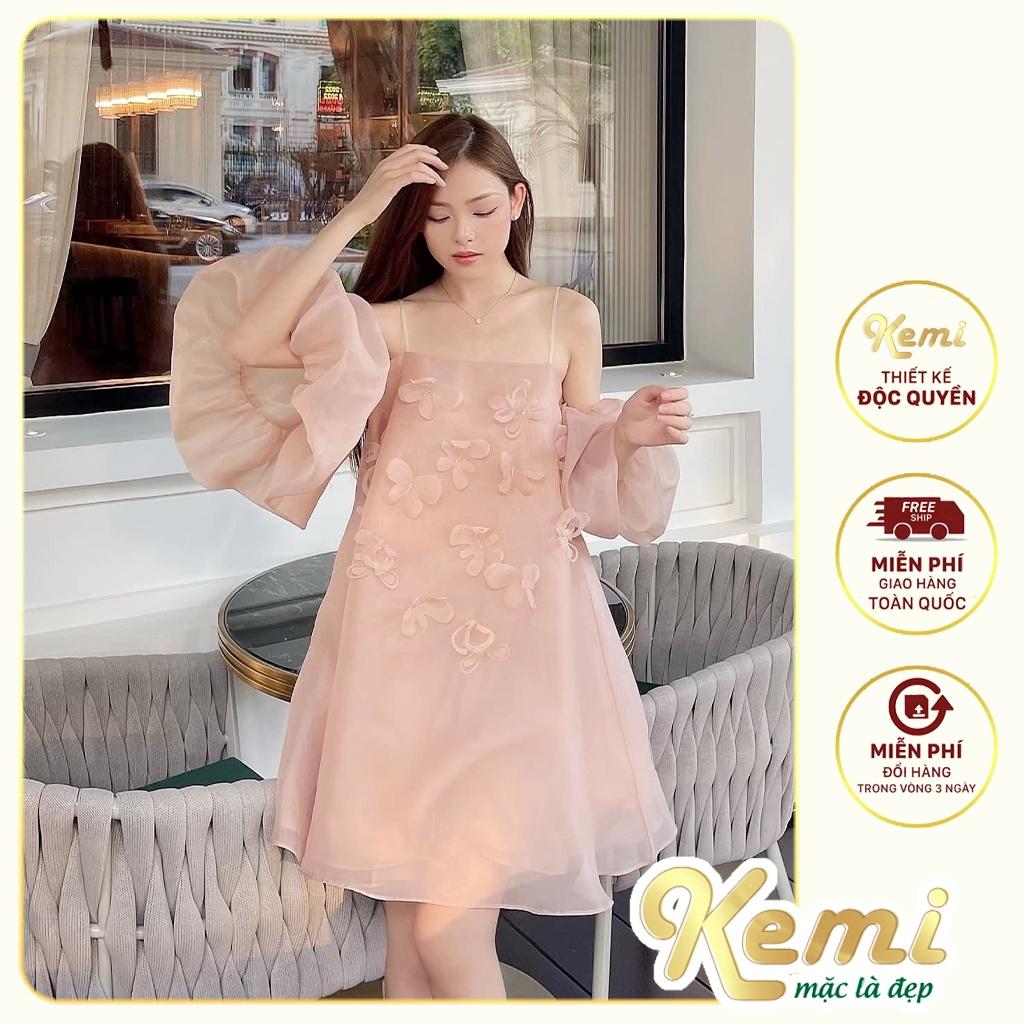 Váy 2 dây tơ hồng đính hoa tay phồng rớt vai dáng tiểu thư 3 màu hồng đen trắng