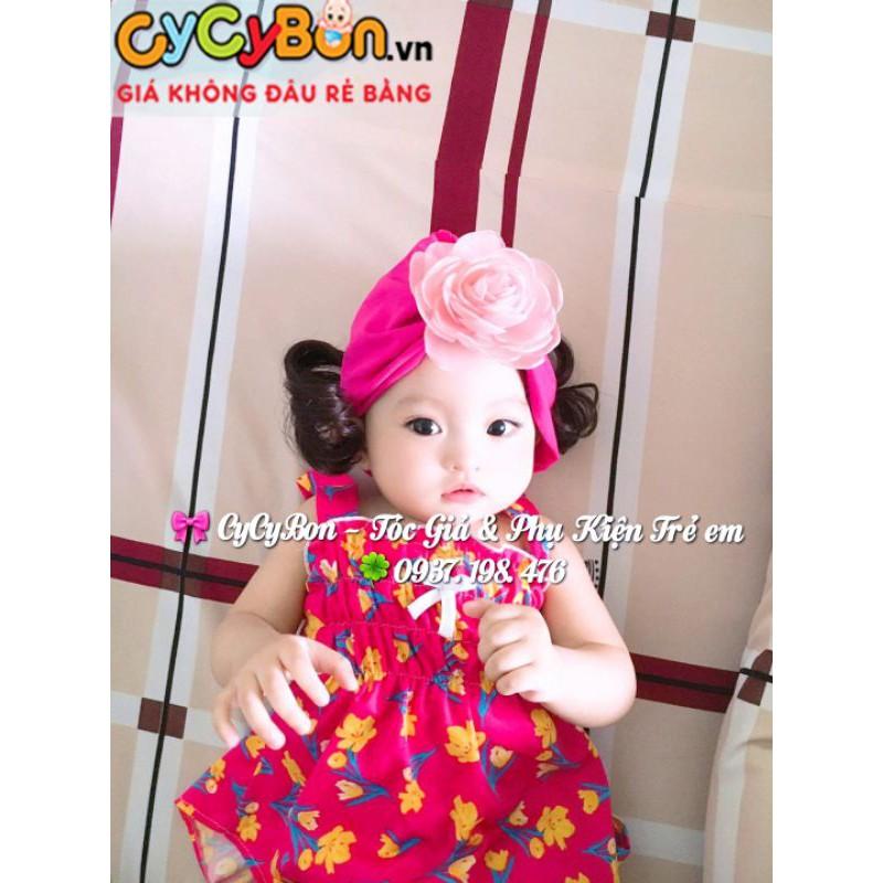 Mũ Nón Turban Tóc Giả Cho Bé Gái Màu Hồng Đậm Đính Bông Hồng Ruốc Vải Cotton Co Giãn