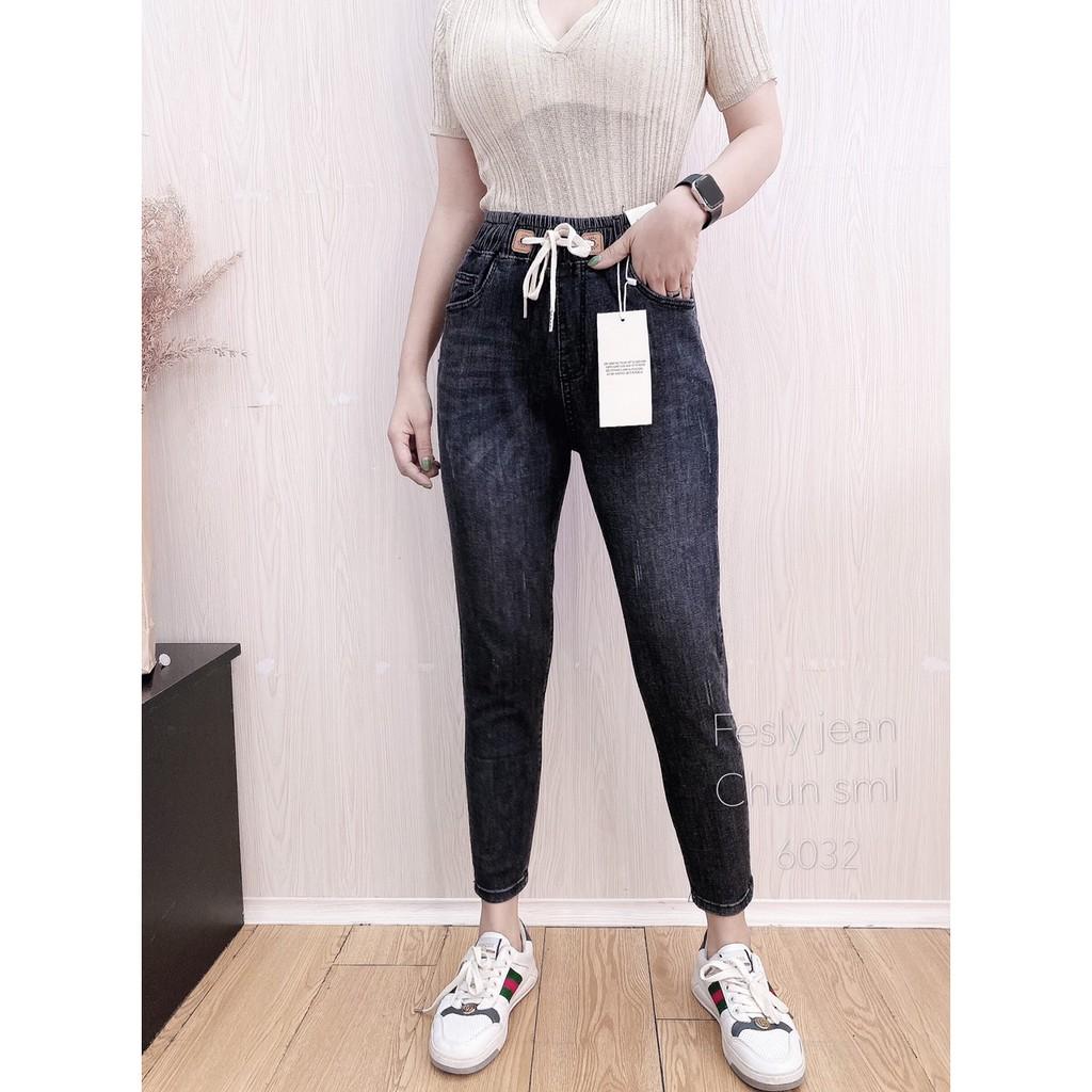 Quần Jeans Nữ Cạp Chun Đen Cao Lưng