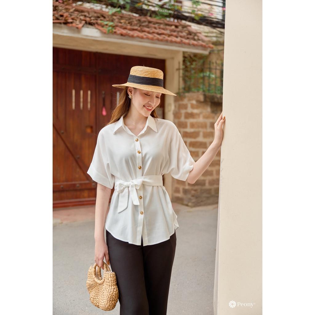 Áo sơ mi nữ trắng, dáng freesize, tay cánh rơi, ngắn tay, chất sợi sen thoáng mát, kèm đai rời Peony - OLIVIA TOP