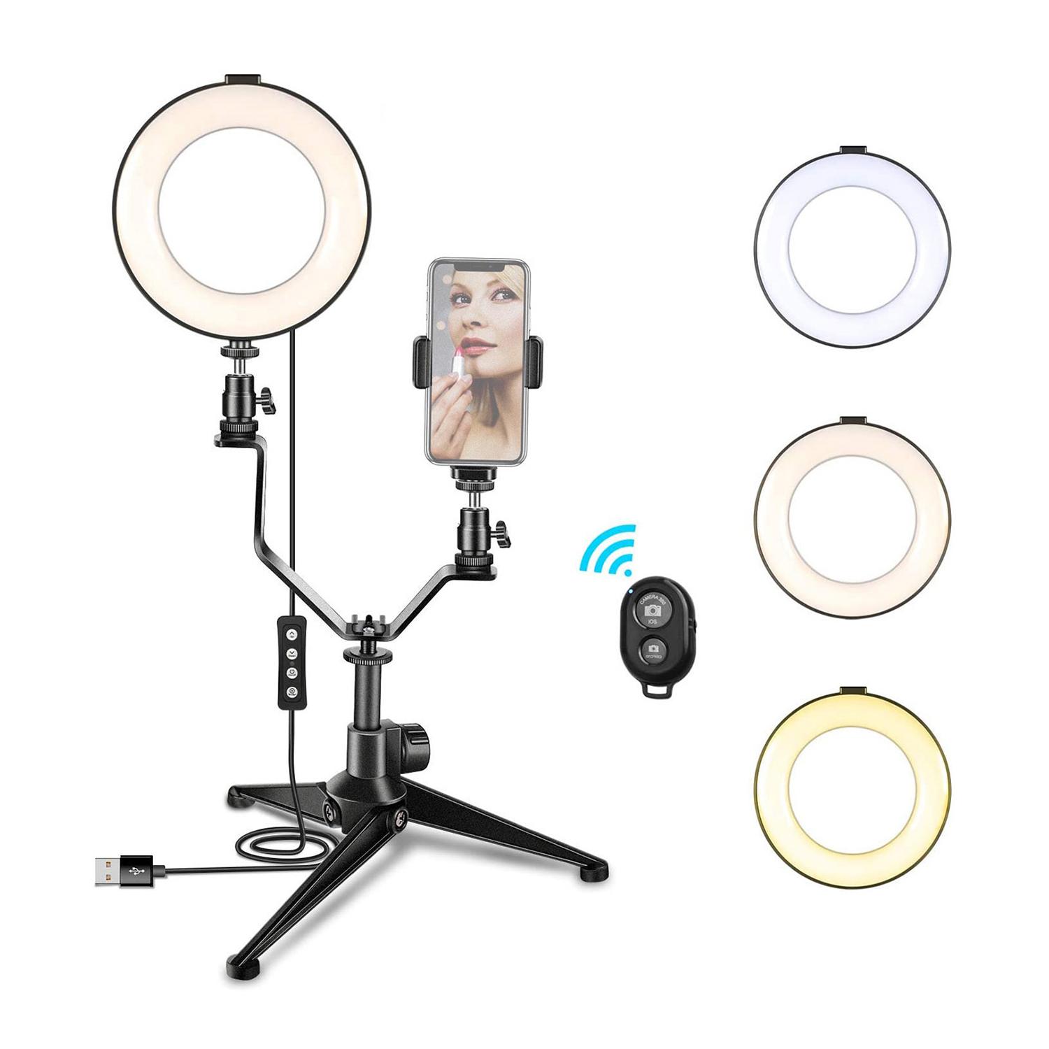 6 Inch/16cm Photography Ring Video Light Dimmable LED Fill Light Selfie Ring Light with Tripod V-shaped Bracket Phone