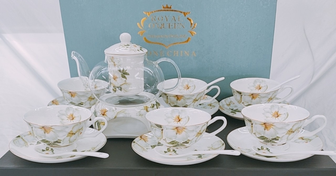 BỘ ẤM THỦY TINH PHA TRÀ HOA KÈM 6 CỐC KHAY VÀ THÌA SỨ XƯƠNG CAO CẤP - VD58