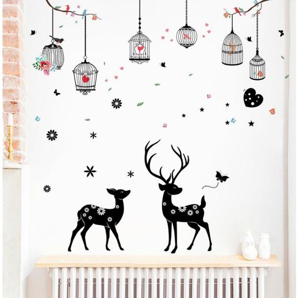 COMBO 3 DECAL GHÉP ĐÔI DÁN TƯỜNG - DÂY LỒNG CHIM KẾT HỢP CẶP NAI ĐEN VÀ BÉ GÁI ĐÁNG YÊU