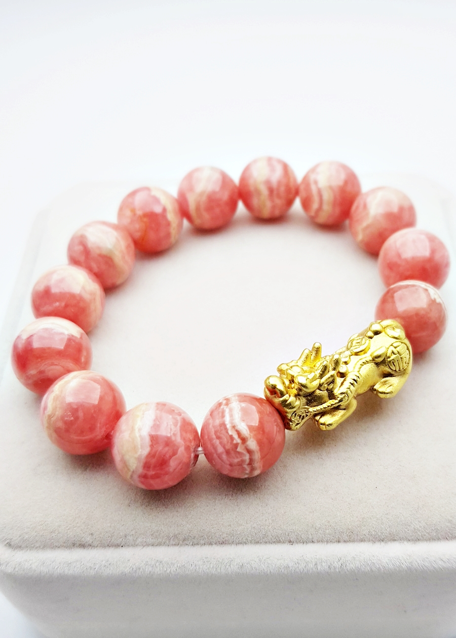 Vòng Tay Tỳ Hưu Đá Đào Hoa Rhodochrosite Tự Nhiên 14mm