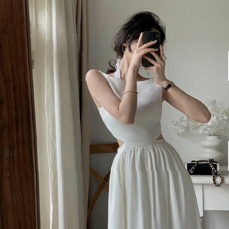 Váy đầm tiểu thư đen trắng khoét eo không tay dài qua gối kiểu Pháp
