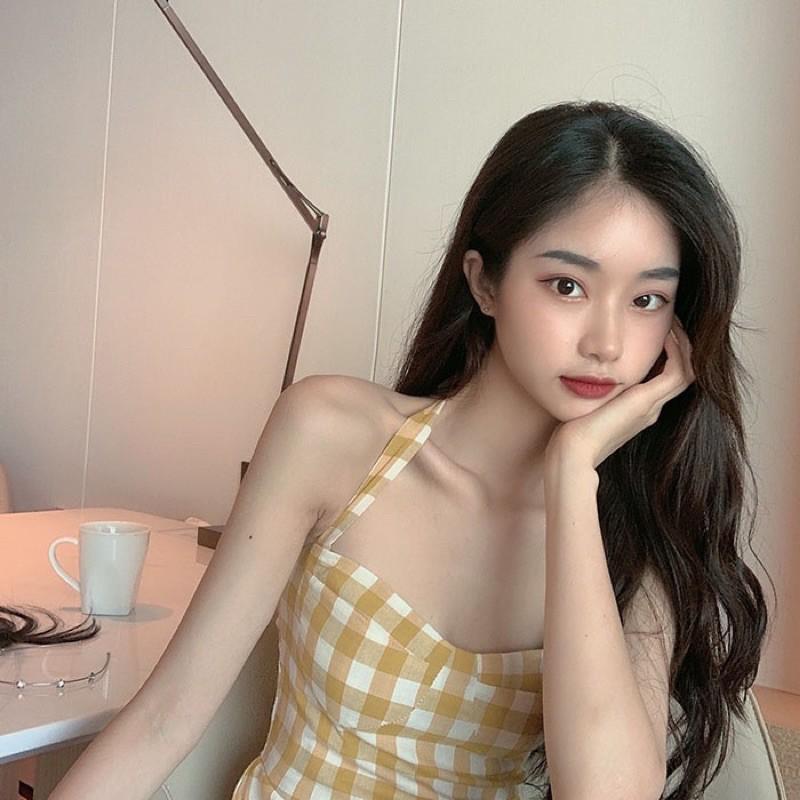 Đầm suông caro cúp ngực buộc nơ cổ summer 2021
