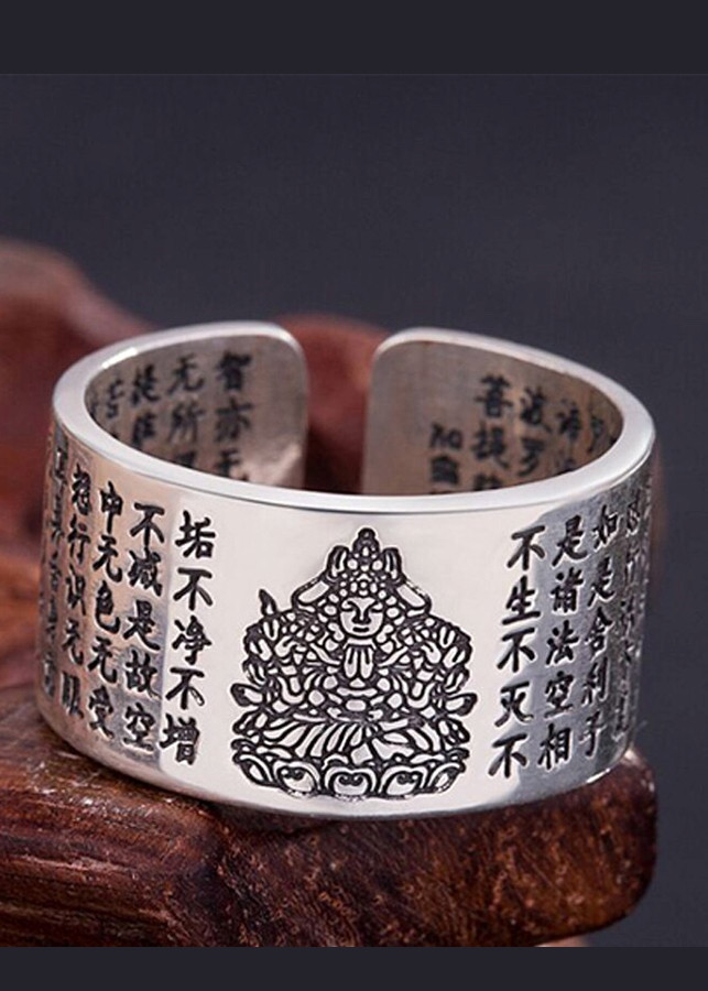 Nhẫn Phong Thủy Bạc Thái Bát Nhã Tâm Kinh- Phật Thiên Thủ Thiên Nhãn Hộ Mệnh cho Nam Tuổi Tý  Mệnh Kim TEN1