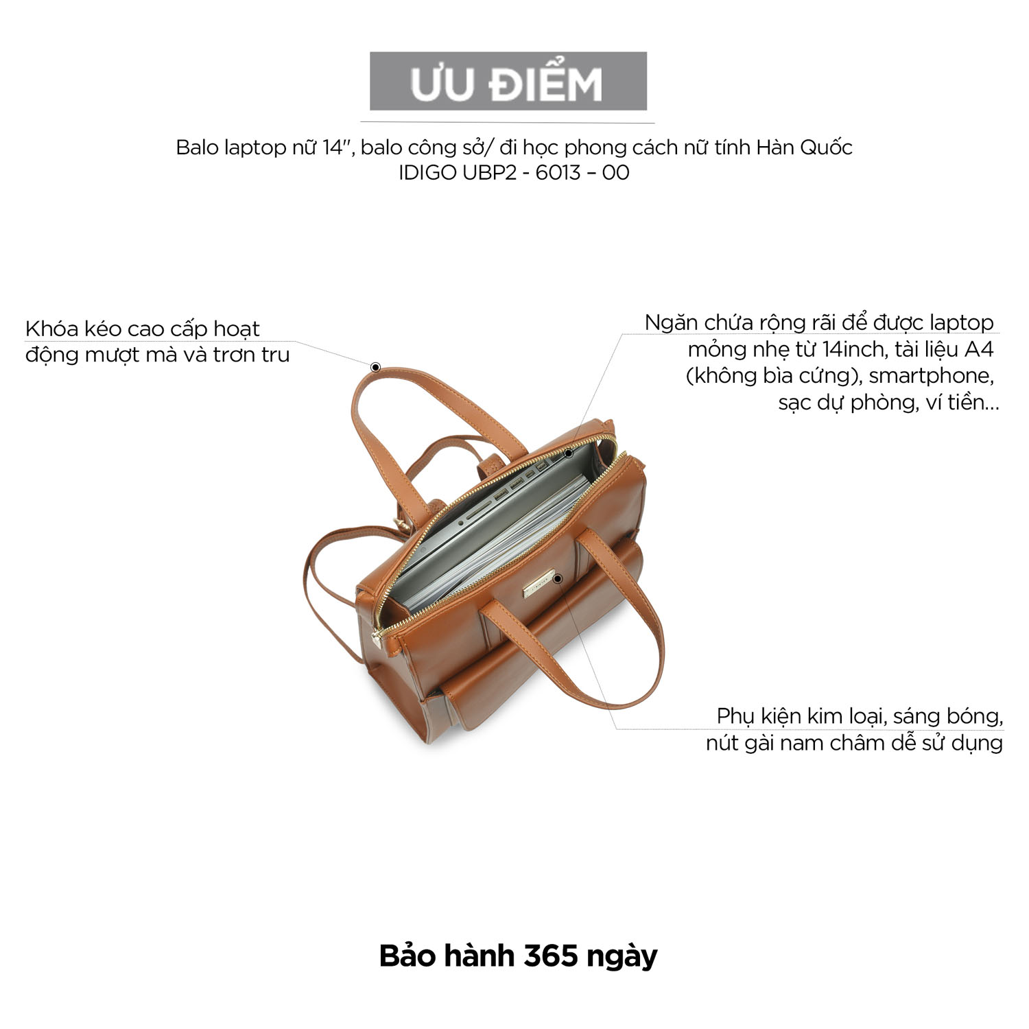 Balo laptop nữ 14", ba lô công sở/ đi học phong cách nữ tính Hàn Quốc, đựng máy tính 14inch IDIGO UBP2-6013