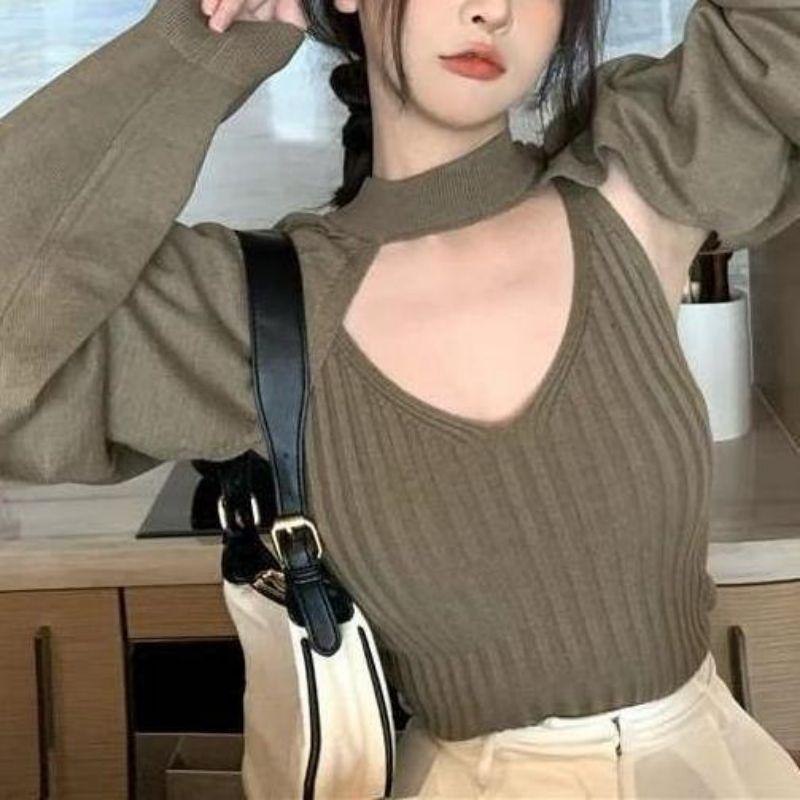 MS800 Áo len cardigan kiểu dài tay cổ choker Quảng Châu