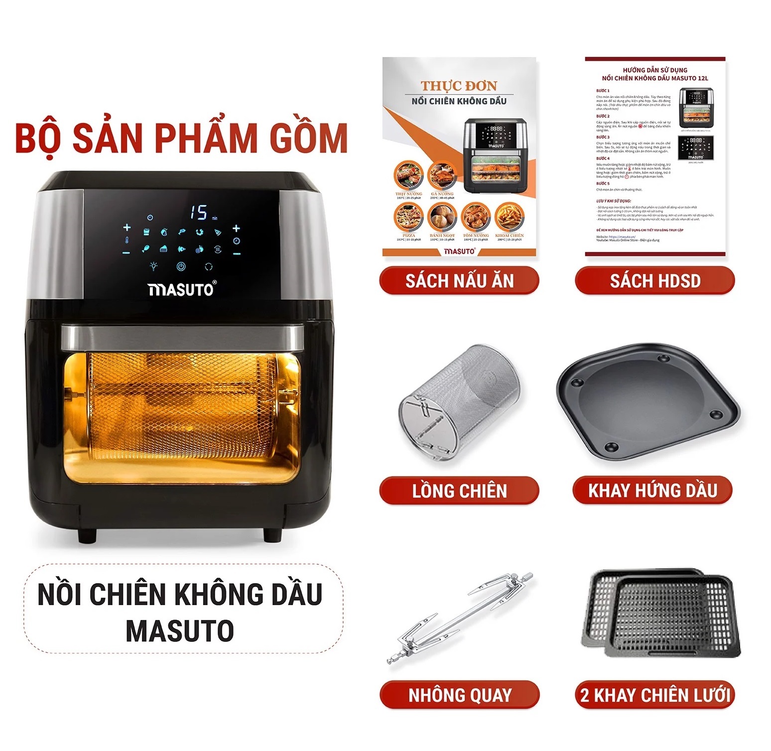 Nồi chiên không dầu Sothing Masuto Eatclean màn hình LED hiển thị 10 chế độ nấu hạn chế 90% lượng chất béo- Hàng chính hãng