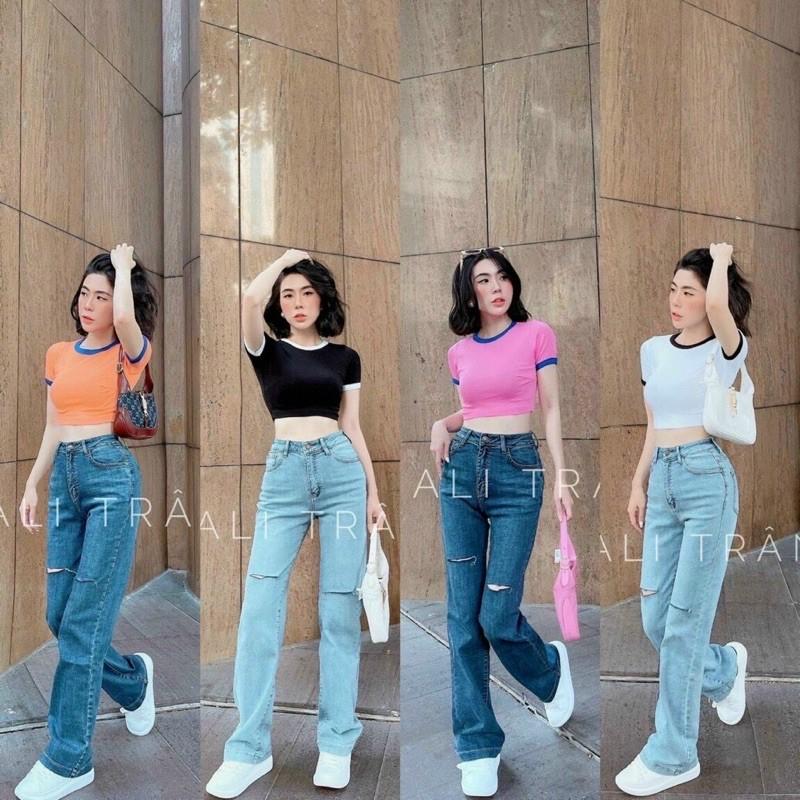 áo croptop trơn phối viền siêu cute chất borip lụa dày mịn-N