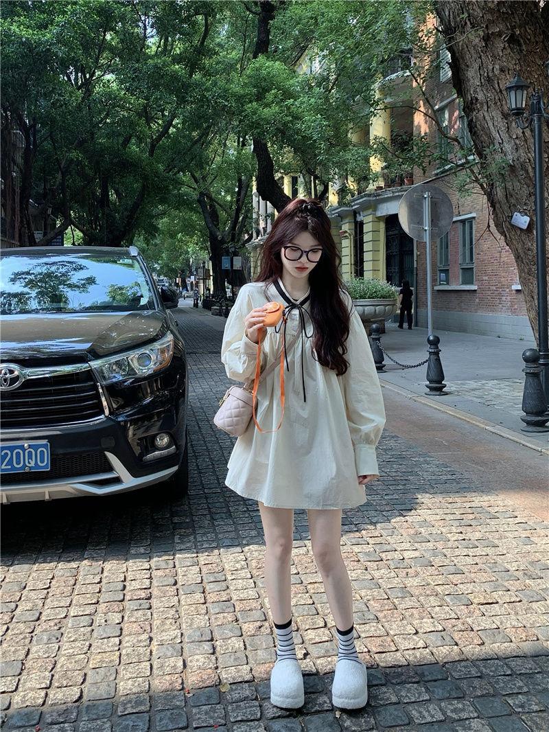 SHUANGYAN 2023 Pháp Vintage ren-up bong bóng tay áo đầm mùa xuân và mùa thu nữ dài tay áo lỏng lẻo váy ngắn ẩm ướt