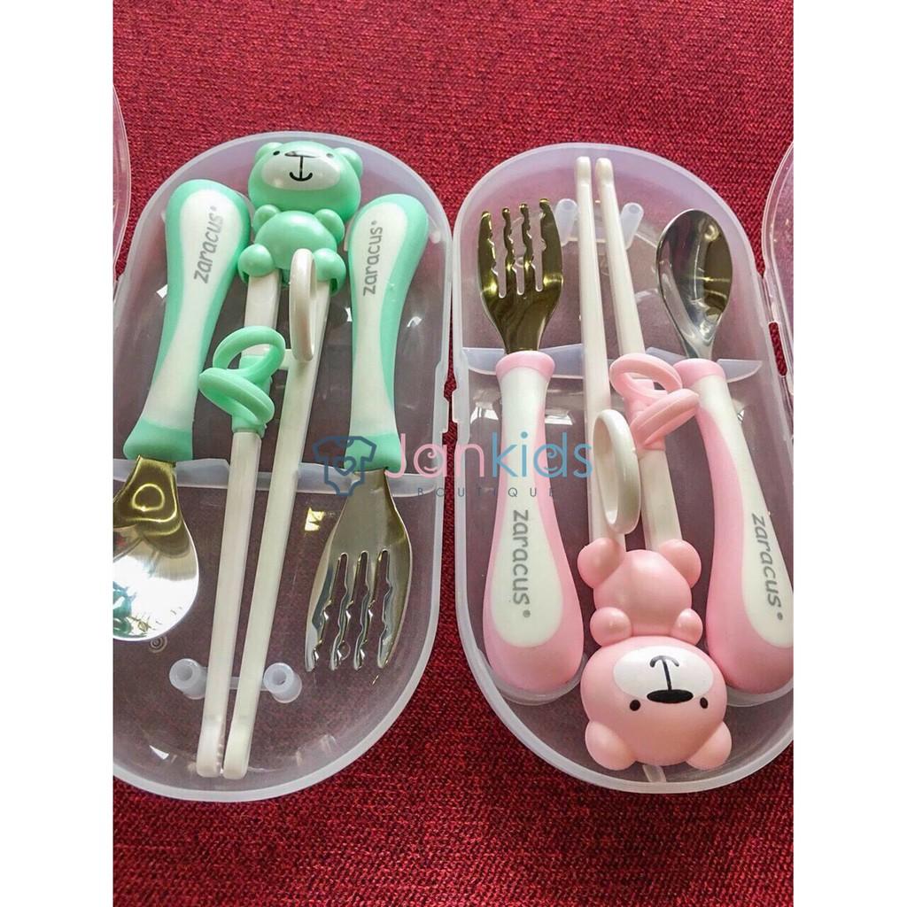 Set đũa thìa dĩa inox Zaracus hàn quốc cao cấp không rỉ có hộp cho bé
