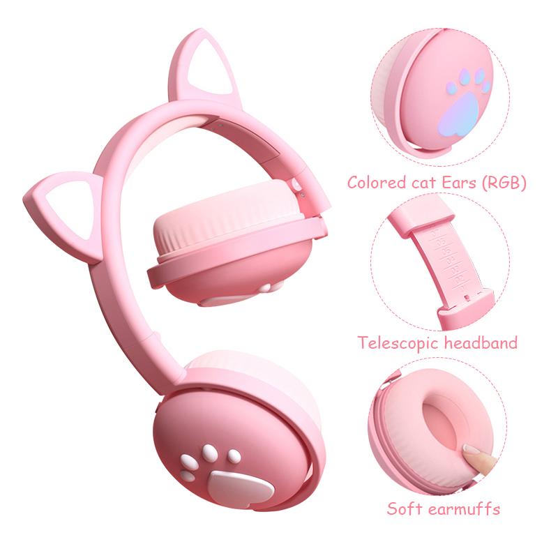 Trẻ Em Bluetooth Tai Nghe Kawaii Tai Nghe Tai Mèo LED Sáng Đèn Không Dây Có Thể Gấp Gọn Tai Nghe Jack Cắm 3.5MM Bluetooth 5.0 Cho Sinh Nhật quà Tặng