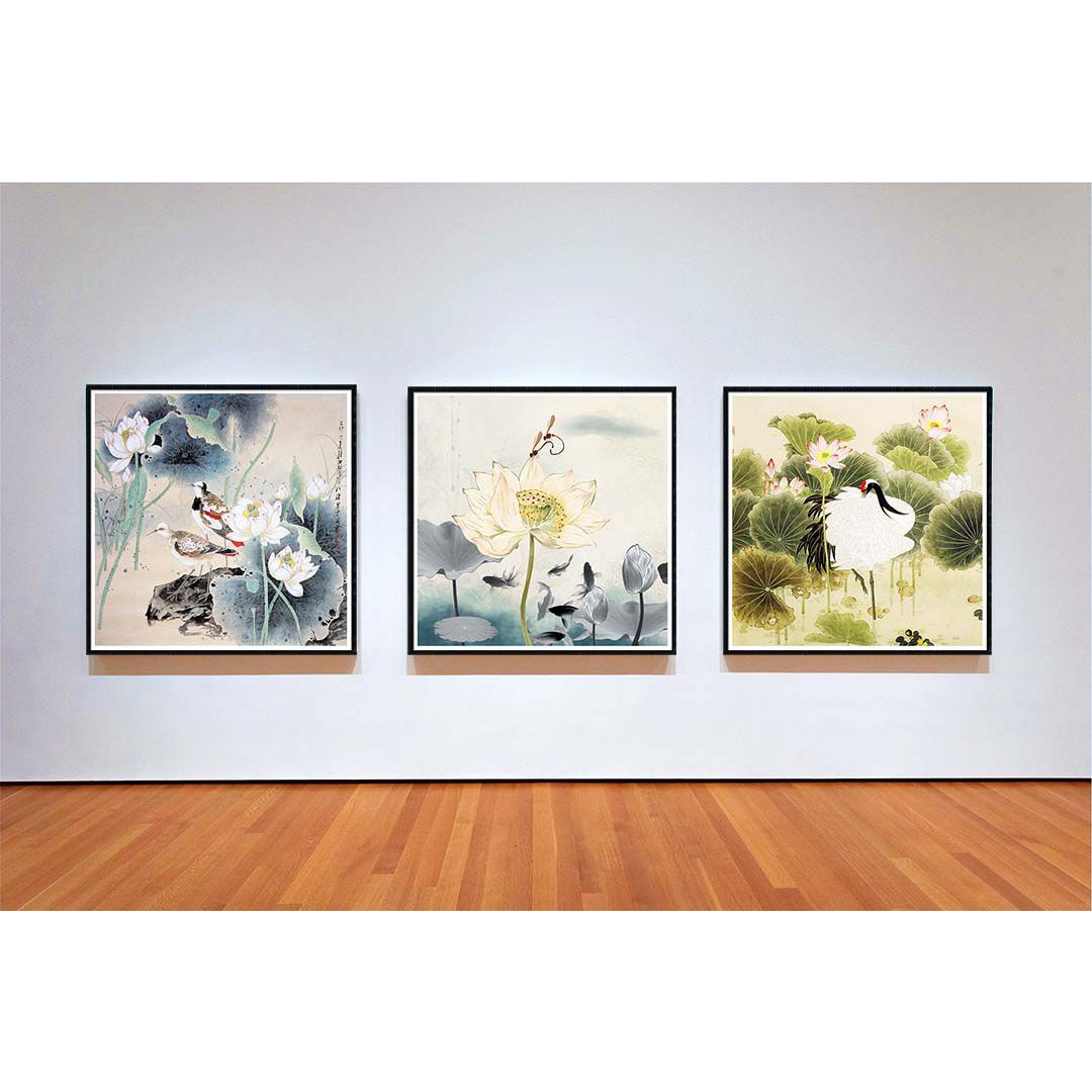 Bộ 3 tranh canvas hoa sen bút pháp thủy mặc HS3T01