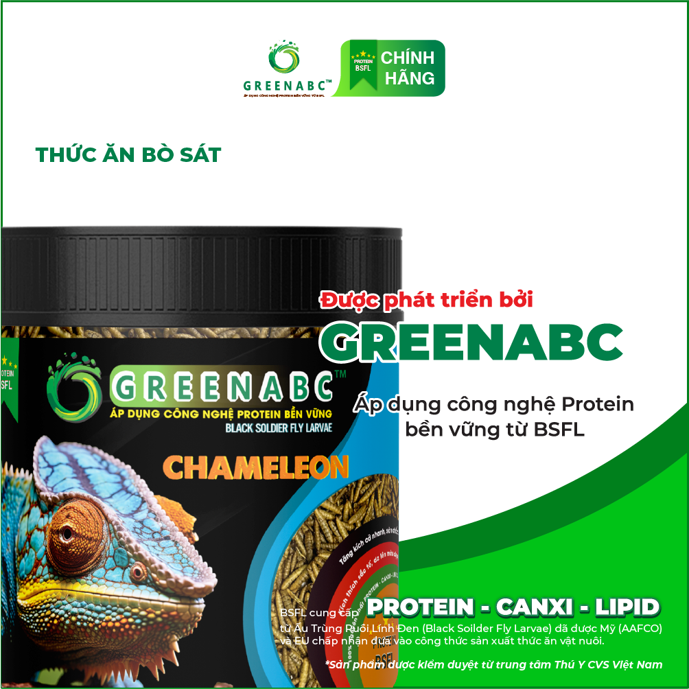 Thức ăn bò sát Tắc Kè Hoa GREENABC - Chameleon - Hàm lượng protein 44.9 giúp tăng trưởng nhanh, lên màu đẹp - Hộp 68g