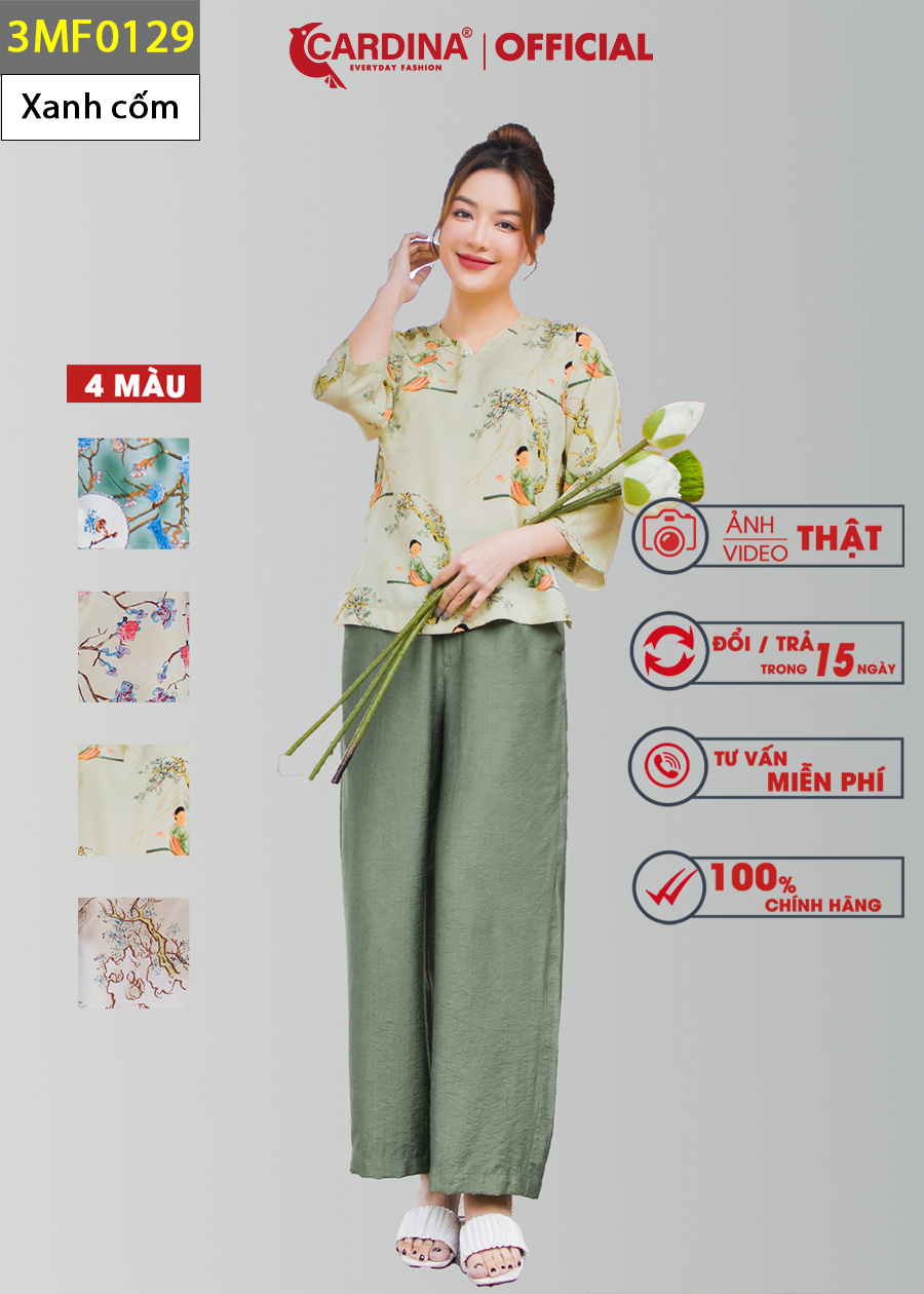 Đồ Bộ Nữ CARDINA Cao Cấp Bộ Đi Chùa Áo Lụa Mango Họa Tiết Cổ Tàu Tay Lỡ Quần Dài Chất Đũi Bamboo 3MF01