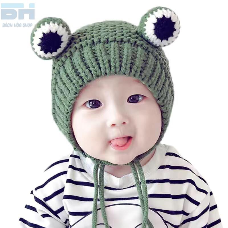 Lót lông nỉ cao cấp - Mũ Len dệt kim hình ếch con xinh xắn (dành cho bé từ 6 - 36 tháng tuổi)
