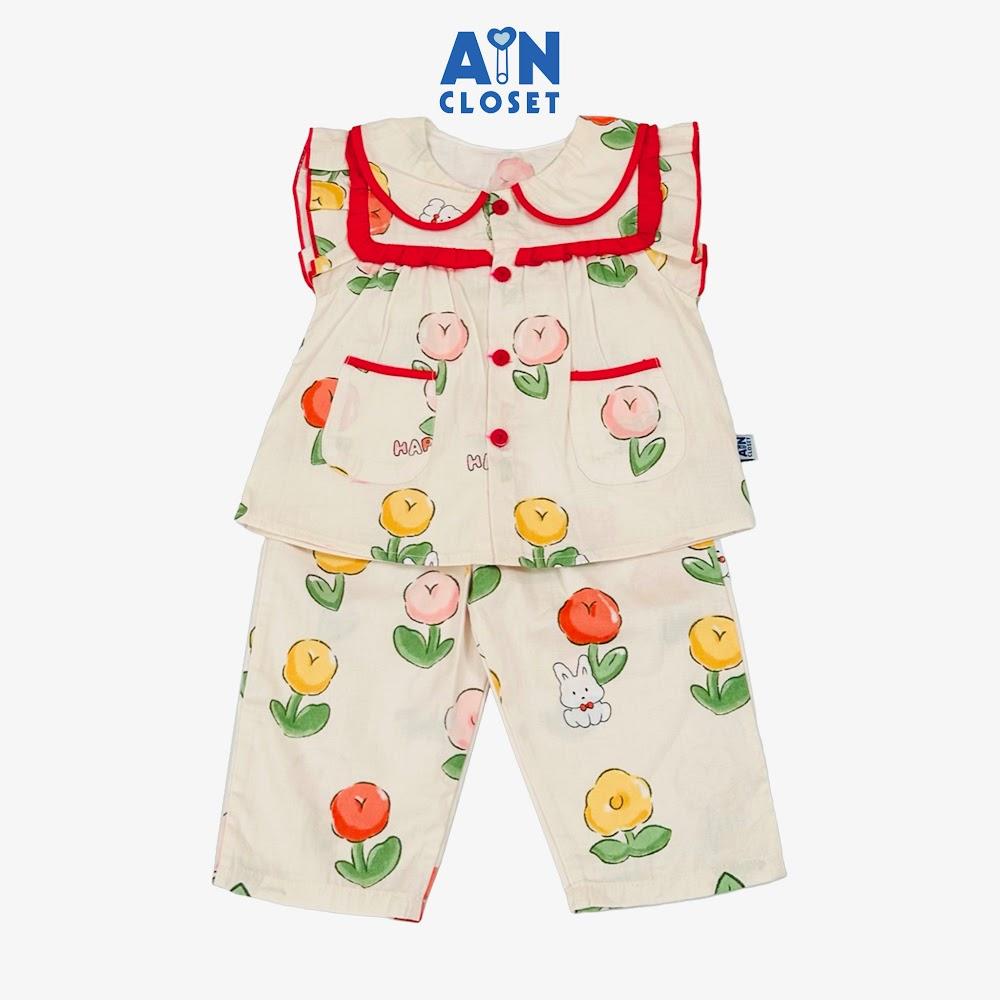 Bộ quần áo Dài tay ngắn bé gái họa tiết Tulip Viền đỏ cotton - AICDBGUDSXMT - AIN Closet