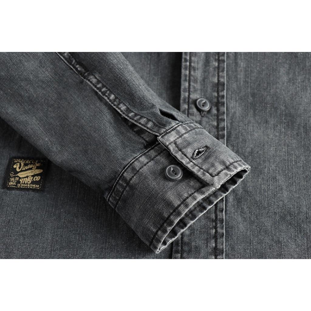 Sơ mi denim wash bụi phong cách Vinstage_dã ngoại_Biker - Xanh