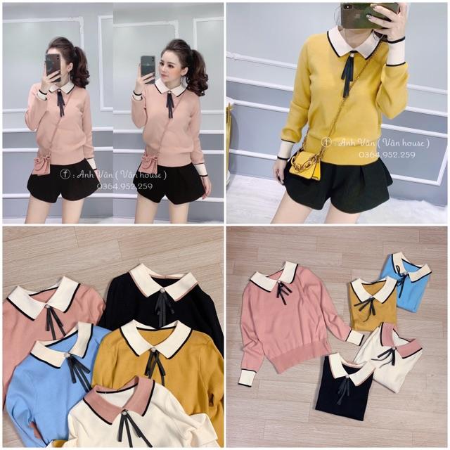Áo len cổ sơ mi kèm nơ đen