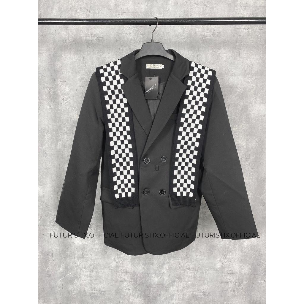 Áo Khoác Blazer Đen Mix Khăn Caro Cực Lạ, Áo Blazer, Áo Vest Form Rộng FuturistiX AK156