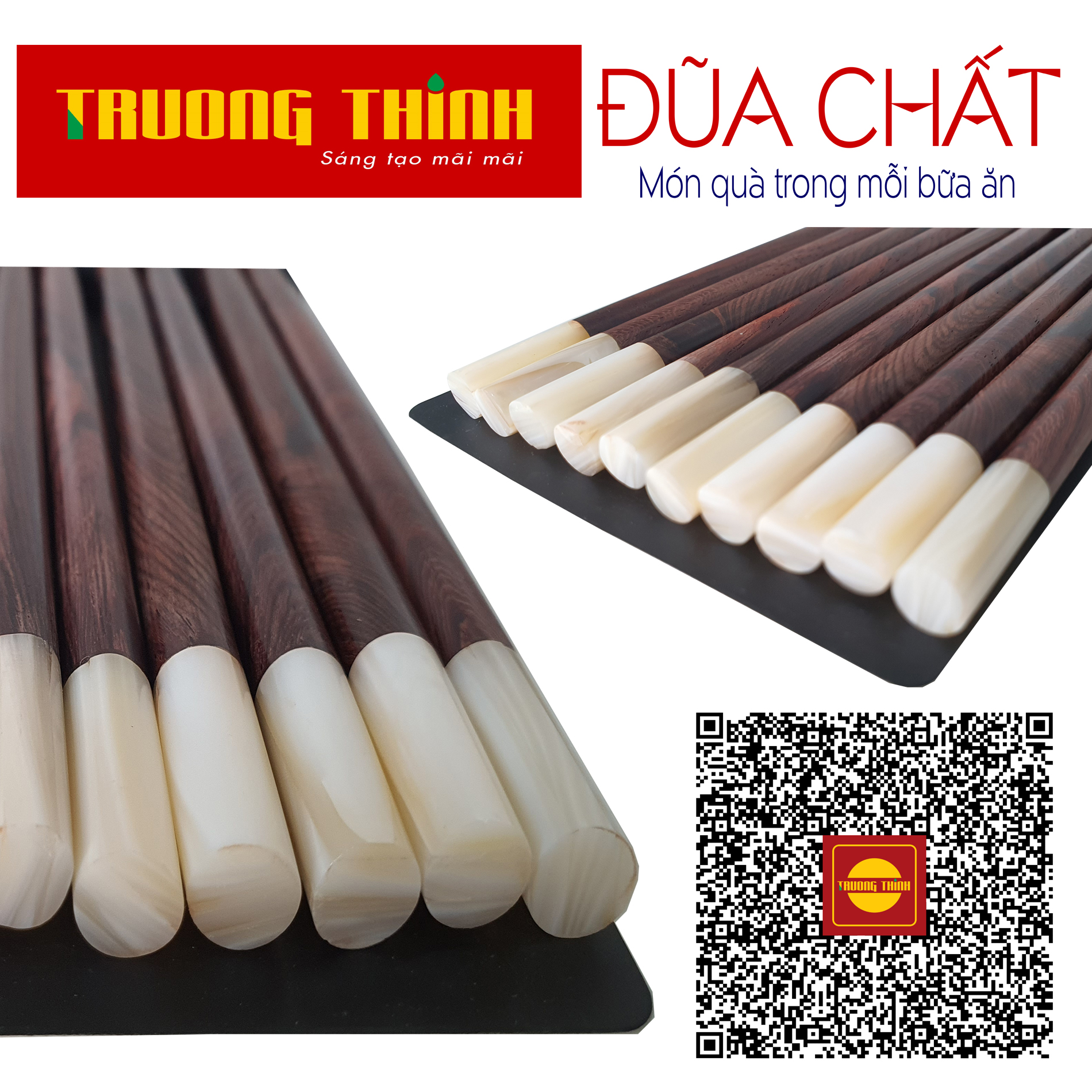 Đũa Gỗ Trắc Vân Đầu Gắn Ngọc Trắng Cao Cấp Trường Thịnh Chính Hãng/Đặc Biệt / Hộp Màu Đen/ 10 Đôi Tròn