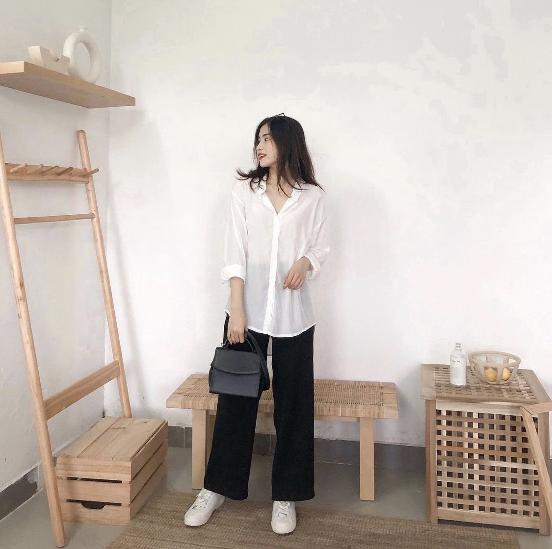 Quần tây đen ống rộng dáng suông lưng cao Ulzzang phong cách Hàn Quốc