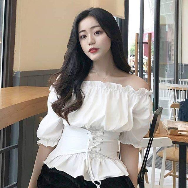 Áo sơmi lệch vai kèm thắt lưng ulzzang
