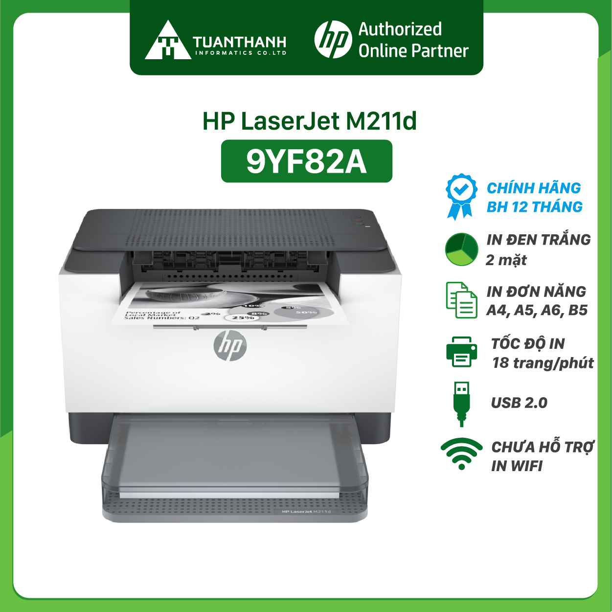 Máy in đen trắng HP LaserJet M211D (9YF82A) - Hàng chính hãng