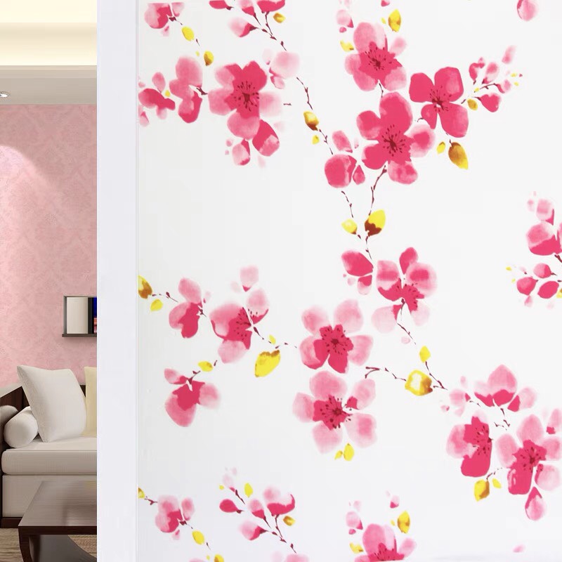 Decal dán kính mờ hoa văn Hàn Quốc cao cấp mẫu hoa đào khổ 90cm