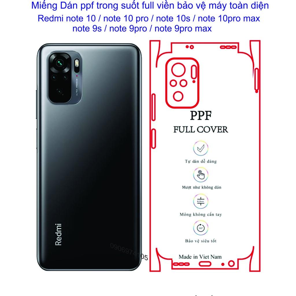 Miếng Dán PPF Full viền dành cho Redmi note 10 / note 10 pro / note 10s / note 10pro max / note 9s / note 9pro / note 9pro max...