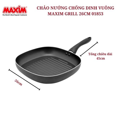 Chảo nướng chống dính vuông Maxim 26cm, nướng thịt, cá, BBQ tiện dụng.