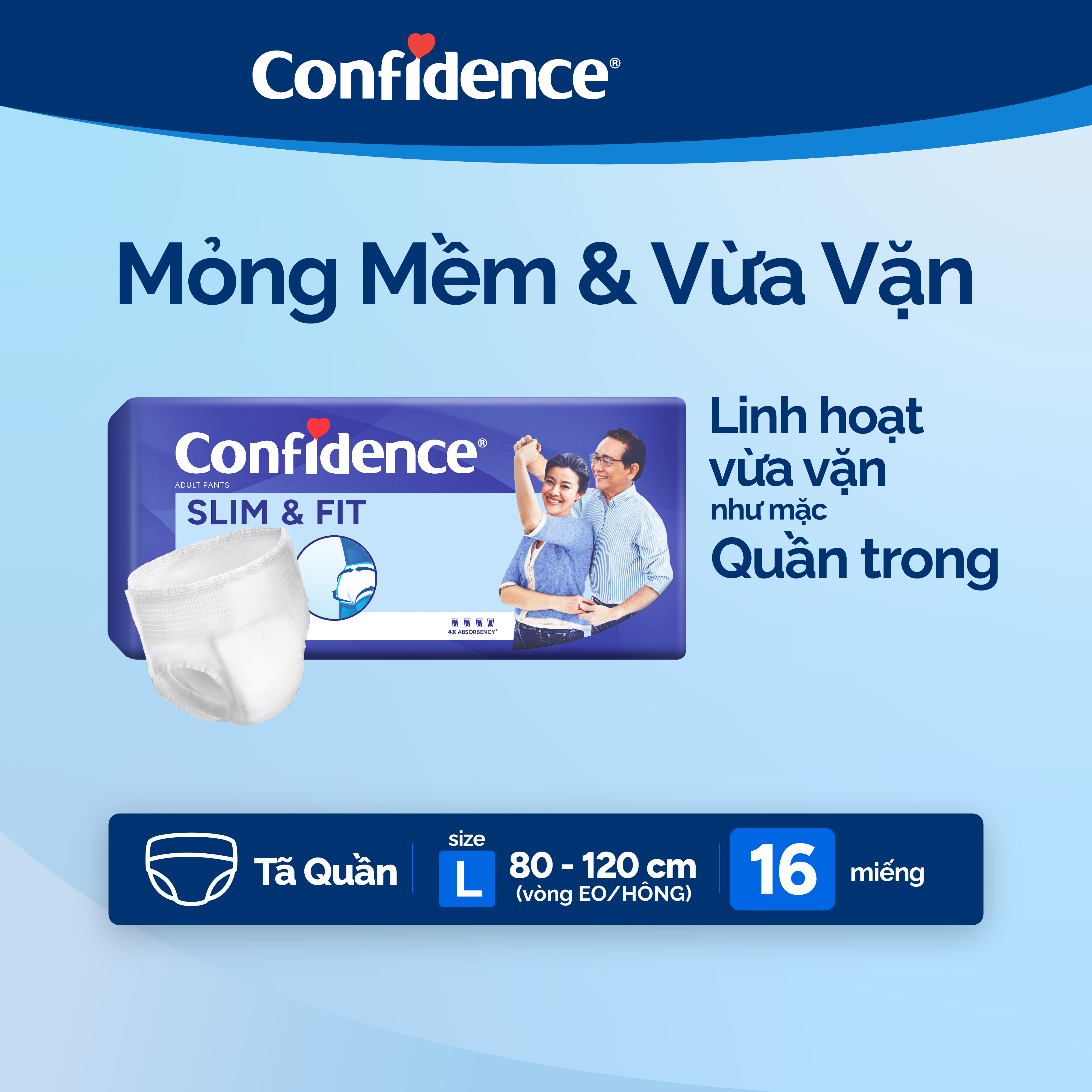 Tã quần Người Lớn Confidence Slim & Fit size L16 (16 miếng)