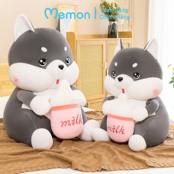 Gấu Bông Chó Husky Xám Ôm Bình Sữa Cao Cấp Memon