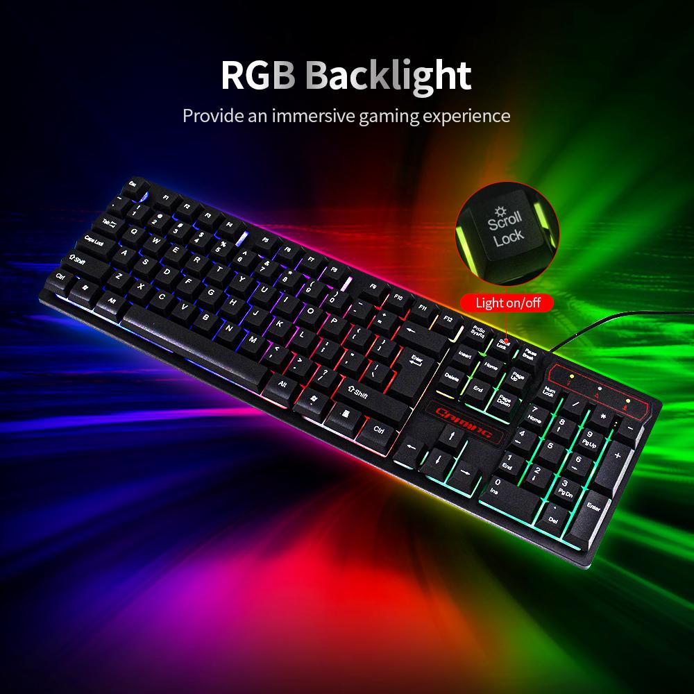KR-6300 USB Wired Keyboard Gaming Keyboard 104 Keys Three-color Backlight Keyboard Ergonomic Gaming Keyboard Black