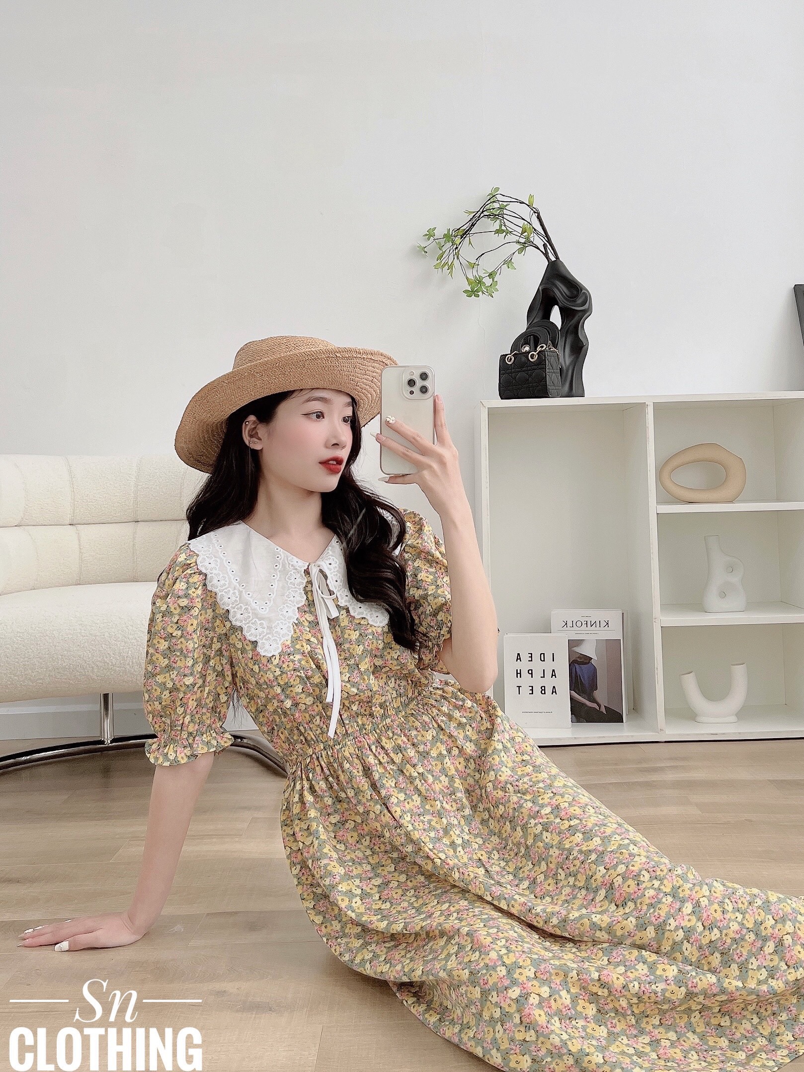 Váy hoa nhí cổ bèo cột nơ tiểu thư