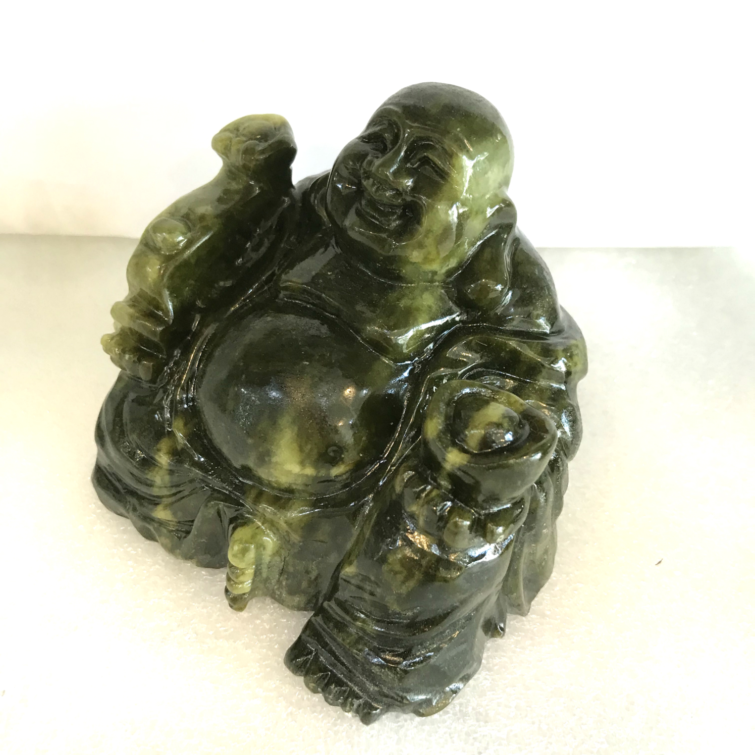 Phật để xe hơi Phật Di Lặc ngọc Việt Nam đá tự nhiên hoàn toàn ngọc serpentine xanh lá cây đậm cho người mệnh Hỏa và Mộc nặng 1.2kg cao 12 cm