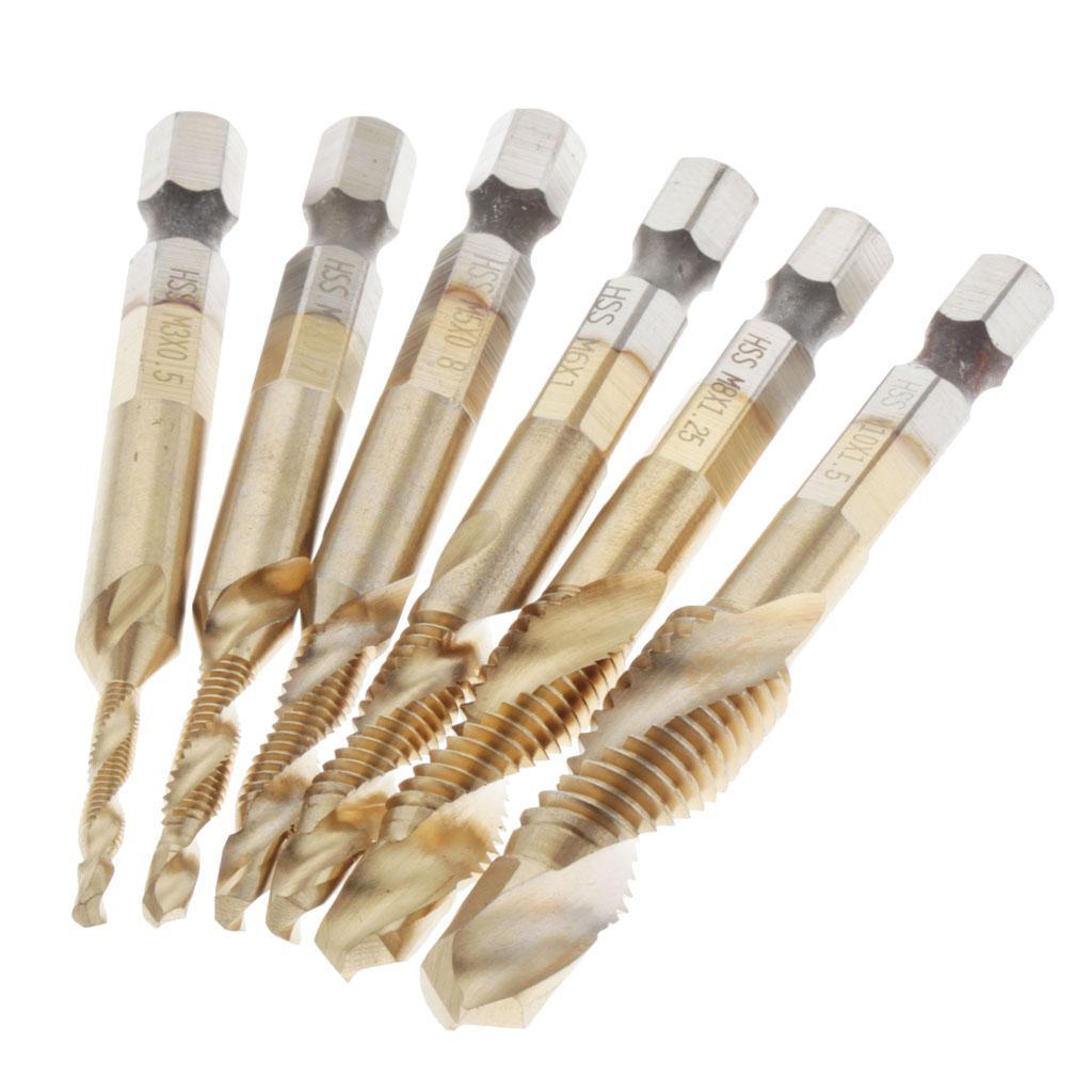 Set of 6 HSS Steel Combination Drill and Tap Bit Set with 1/4 inch Hex Shank - Metric M3 M4 M5 M6 M7 M8 M10