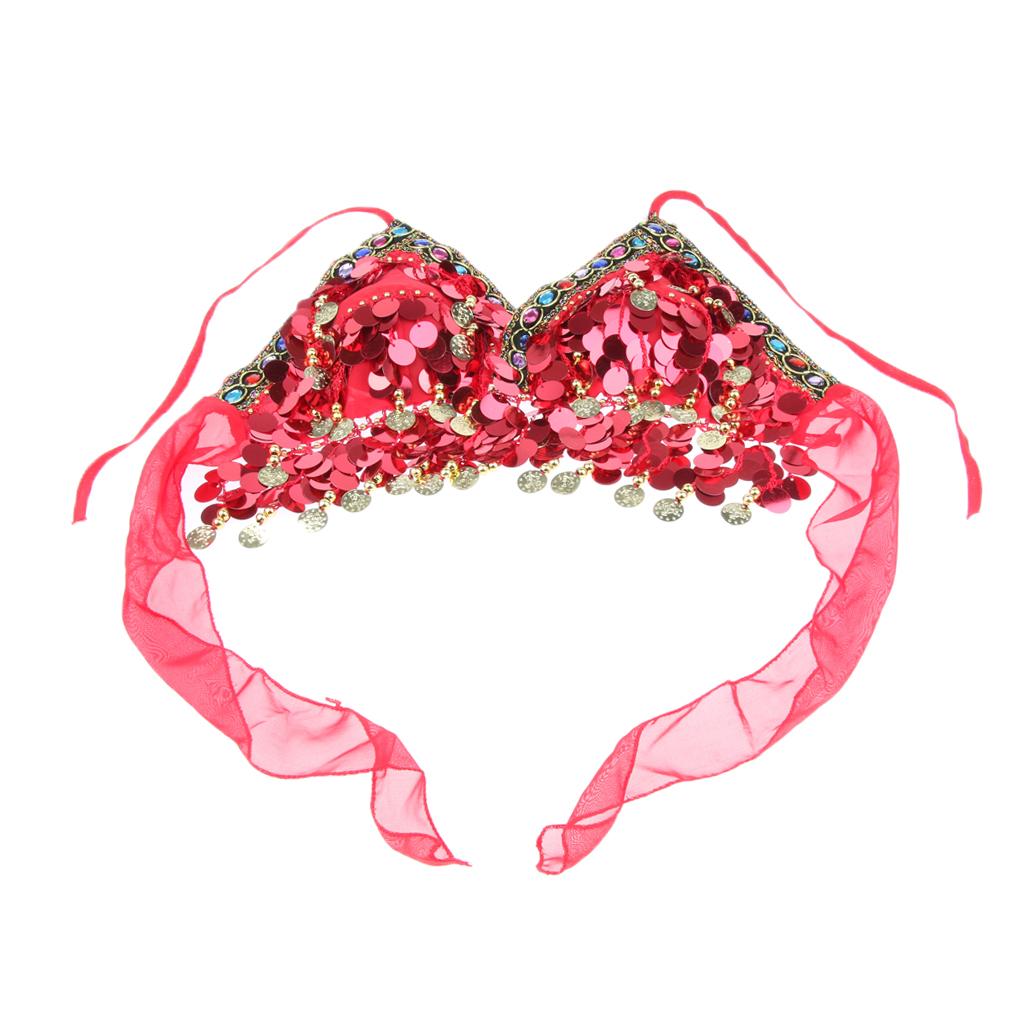 Womens Sparkling Belly Dance Bra Sequins Tassel Coins Top Samba Dancing Costume