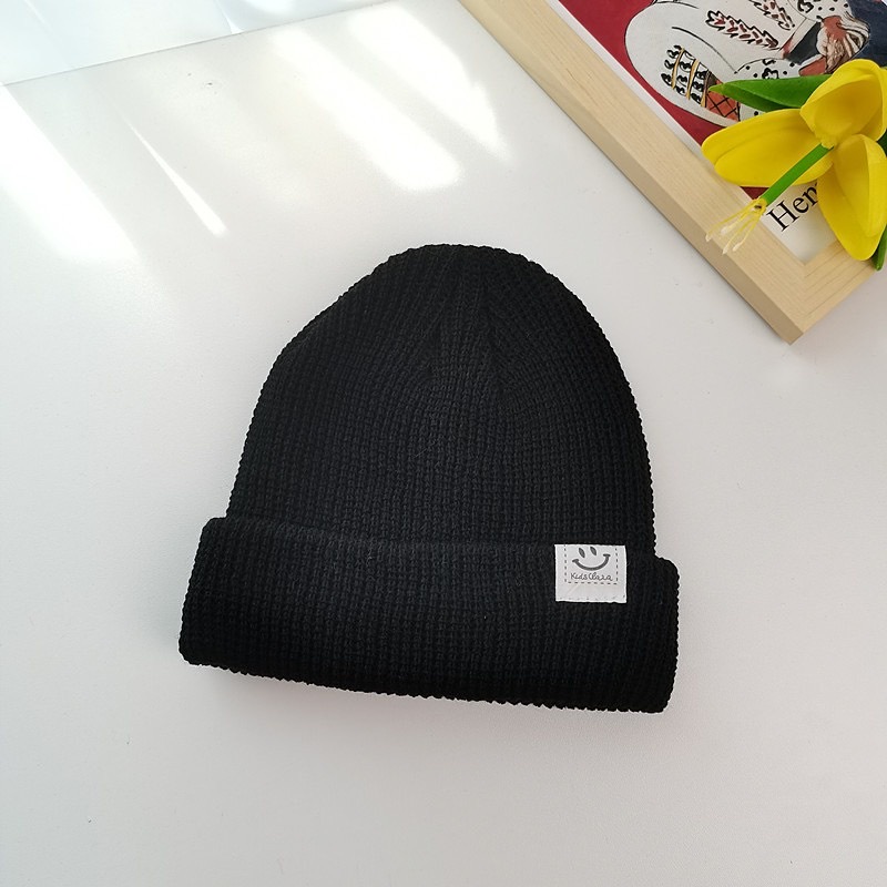 Mũ Nón Len beanie Trùm Đầu nam, nữ họa tiết mặt cười nhỏ Phong Cách Hàn Quốc Năng Động màu đen