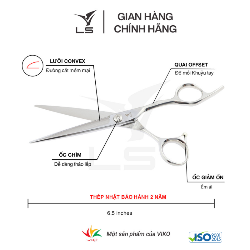 Kéo cắt tóc LS lưỡi thẳng quai offset vênh đỡ ngón cố định CB13/6.5