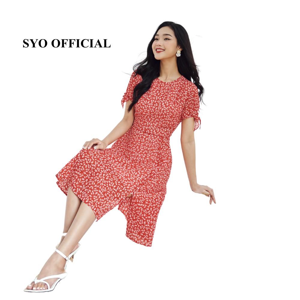 Đầm midi hoa nền xanh, tay buộc nơ SYO D3009-21