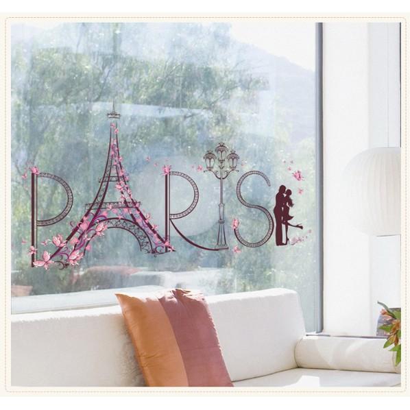 Decal trang trí tường - Tháp PARIS Bướm Hồng Romantic