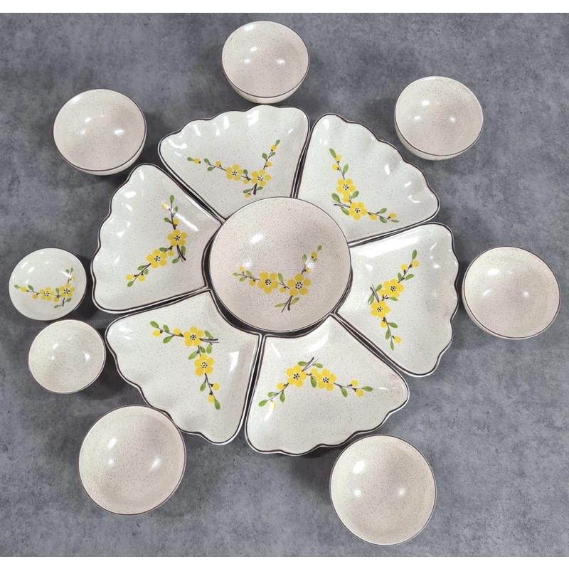Set hoa mặt trời men gốm 21 món. Gốm sứ Bát Tràng.