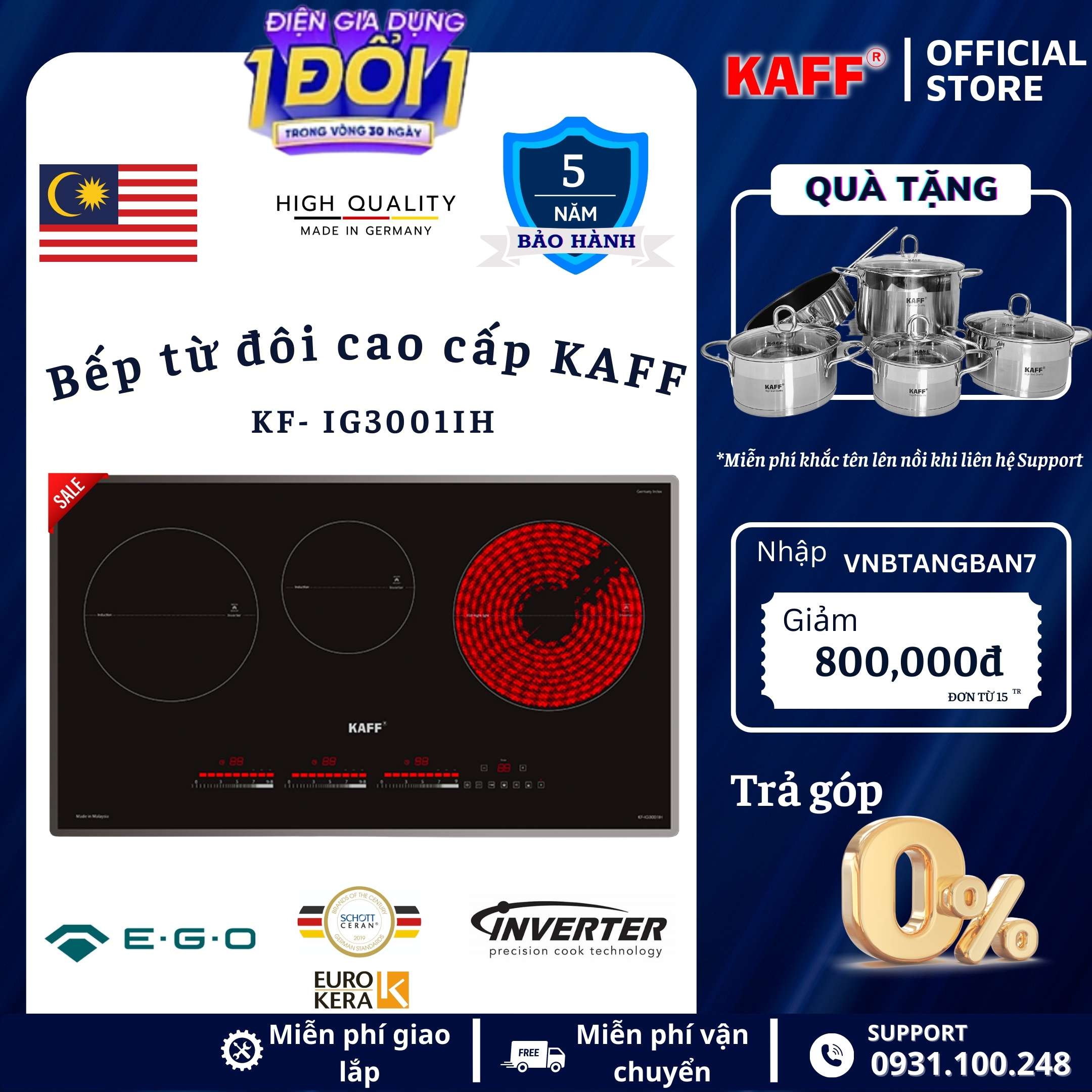 Bếp âm từ hồng ngoại nhập khẩu Malaysia KAFF KF-IG3001IH - Hàng chính hãng