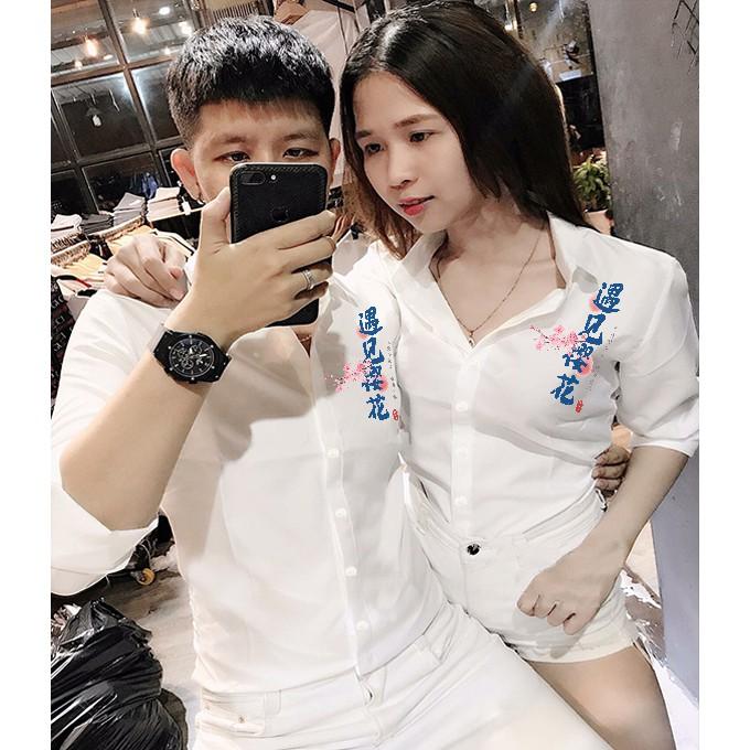 Áo Sơ Mi Cặp Đôi Họa Tiết Hoa Đào Thư Pháp Tết | Áo Đôi Nam Nữ Đẹp