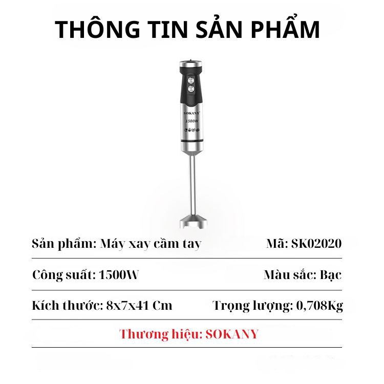 Máy xay cầm tay đa năng SOKANY SK-02020  công suất 1500W, lưỡi dao sắc bén xay nhuyễn mọi loại thực phẩm nhanh chóng và tiện lợi - HÀNG CHÍNH HÃNG - DELIYA